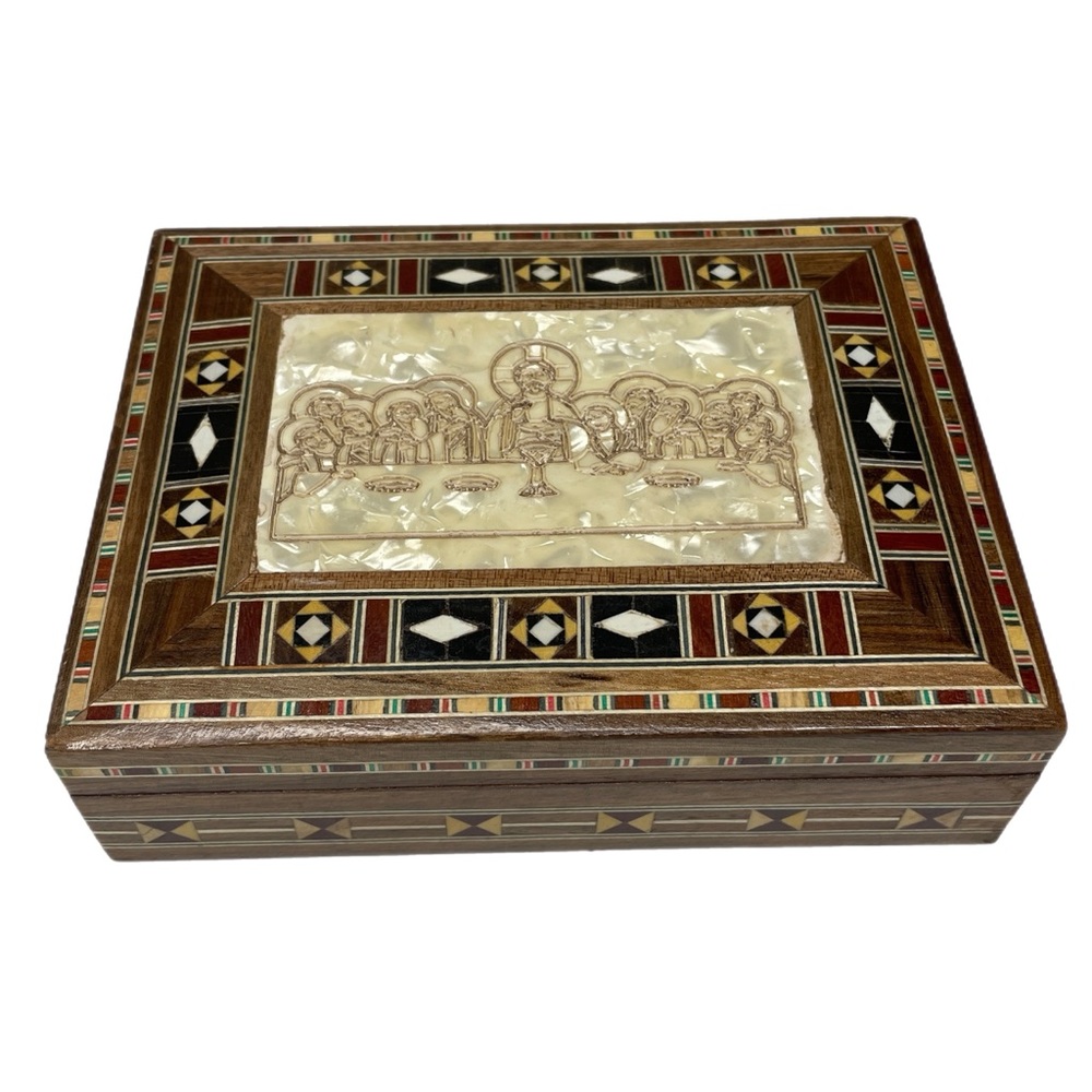 Vintage The Last Supper Jewelry Trinket Wood Box Mother of Pearl